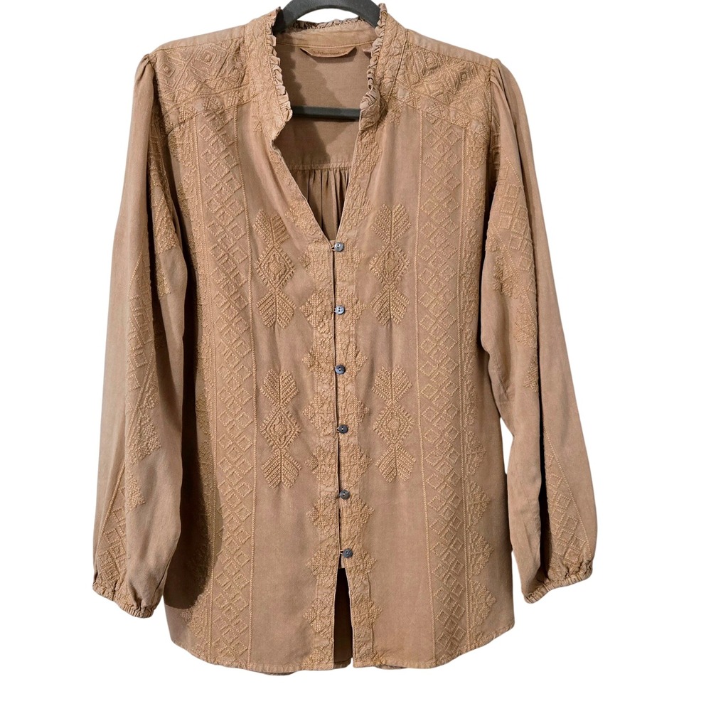 Soft Surroundings Gold Embroidered Boho Blouse Ruffle‎ V-Neck Button Front Top M